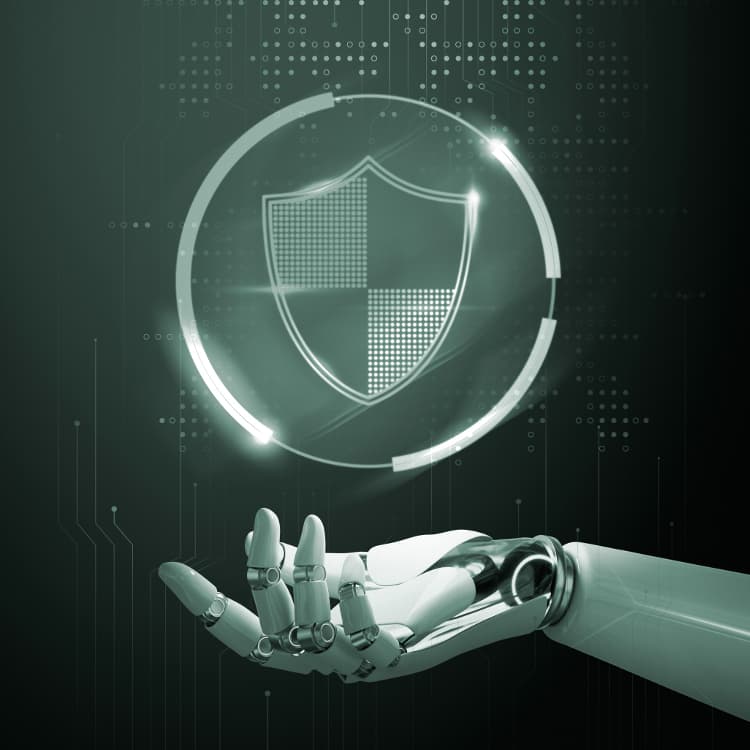 Robotic hand holding a security shield